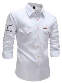 Manfinity Nomadique Men's Western Cowboy Style Casual Long Sleeve Shirt White And Gold Dress Shirt Men Flannel Men White Long Sleeve Shirt Rodeo Shirt Men - White - View 3