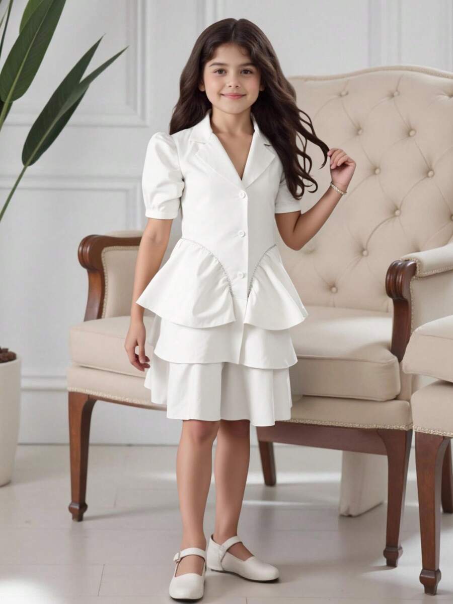 1pc Tween Girls' European Princess Style White Elegant Ruffled Layered Cake Dress, Spring/Summer - White - View 1