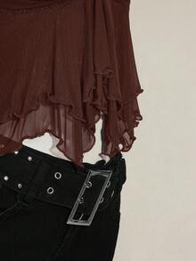 SHEIN ICON 女式褶皱前开合身性感网眼拼接盖袖露背休闲度假短款背心 - 棕色 - 查看 8