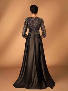 Serin 优雅奢华的薄纱长袖刺绣蕾丝花朵泡泡珍珠蝴蝶结喇叭连衣裙，适合婚礼、派对、度假、盛大晚宴、晚间活动、新娘母亲礼服、情人节等场合。 - 咖啡棕 - 查看 2