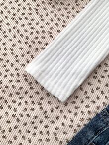 Tween Girl Street, Basic, Daily, Versatile, Solid White Knit Crew Neck Loose Long Sleeve Contrast Lace Bow T-Shirt Top, Back-To-School, Cute Winter White Ribbed Long Sleeve To - White - View 5