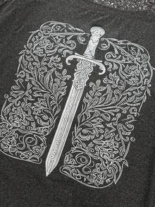 INAWLY Casual Sword Logo Printed Short Sleeve T-Shirt, Spring/Summer - Grey - View 4