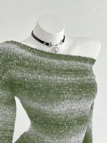 Elamini Women's Ombre Shoulder Cutout Long Sleeve Fashionable Sweater, Suitable For Vacation - Green - View 4