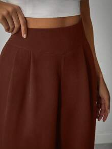 EURMUSE Quần ống rộng xếp ly màu trơn dành cho nữ - màu nâu - Xem 5