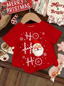 SHEIN Happikins Christmas Celebration, Santa Claus "HO HO HO" Cartoon Face Print Casual Crew Neck Short Sleeve T-Shirt For Young Girls, Suitable For Daily Wear, Christmas, New Year, Street Style, Home, Holiday, School Performance - Multicolor - View 3