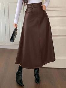 DAZY 女士高腰开衩A字裙，PU皮长款优雅裙，冬季女装裙 - 咖啡棕 - 查看 1