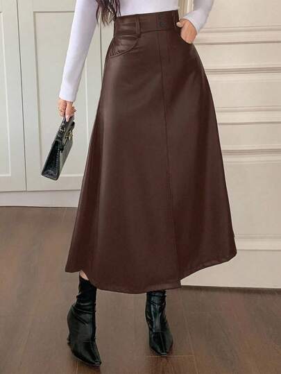 DAZY Falda larga elegante de cintura alta con abertura en A, falda de mujer de cuero sintético para invierno