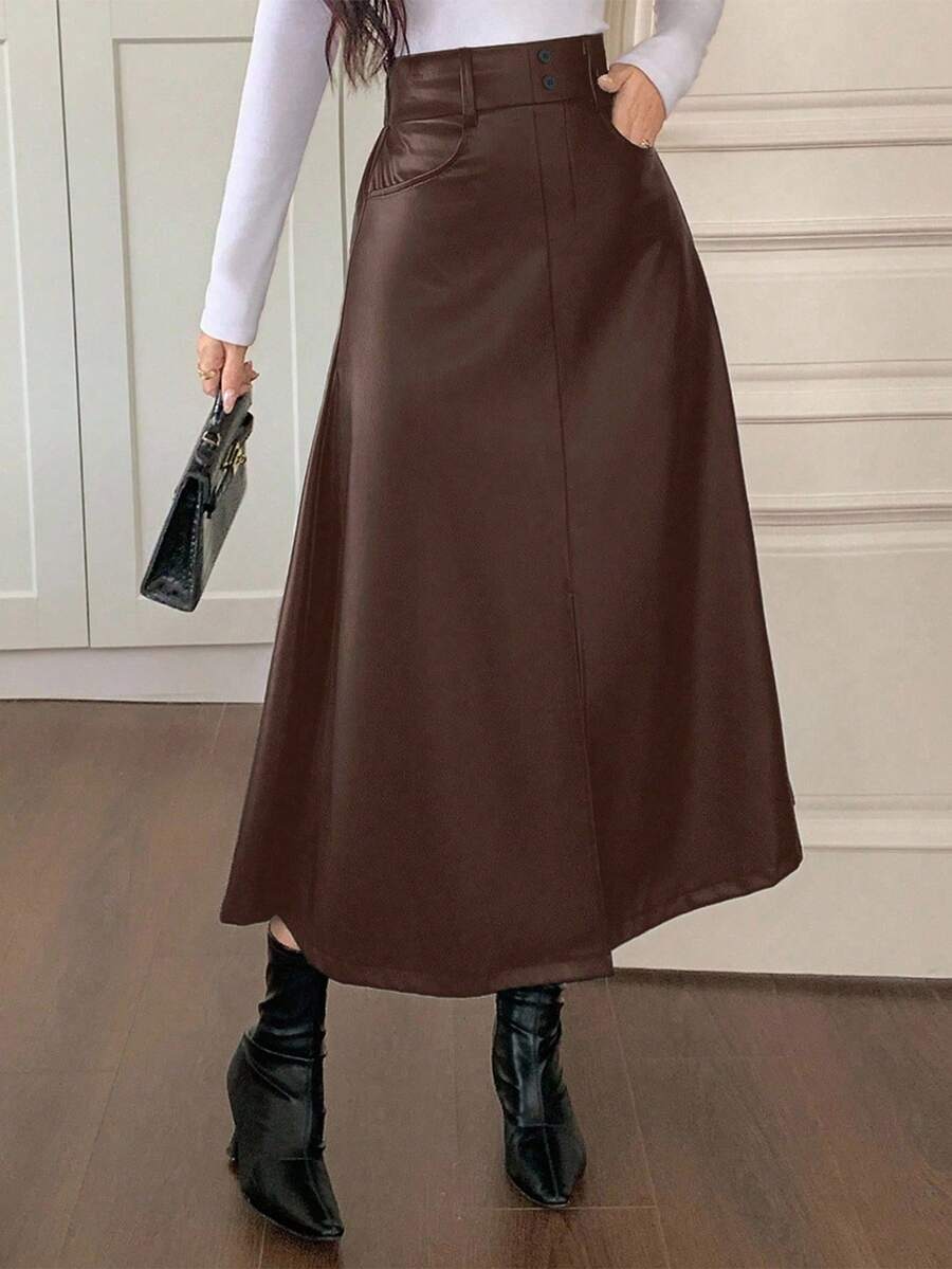 DAZY 女士高腰开衩A字裙，PU皮长款优雅裙，冬季女装裙 - 咖啡棕 - 查看 1