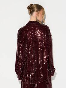 KIZN Áo sơ mi tay dài đính sequin Burgundy cỡ lớn cài nút, áo dự tiệc lấp lánh, áo sơ mi quyến rũ cho buổi tối ngày lễ - Màu Đỏ Sâu - Xem 2