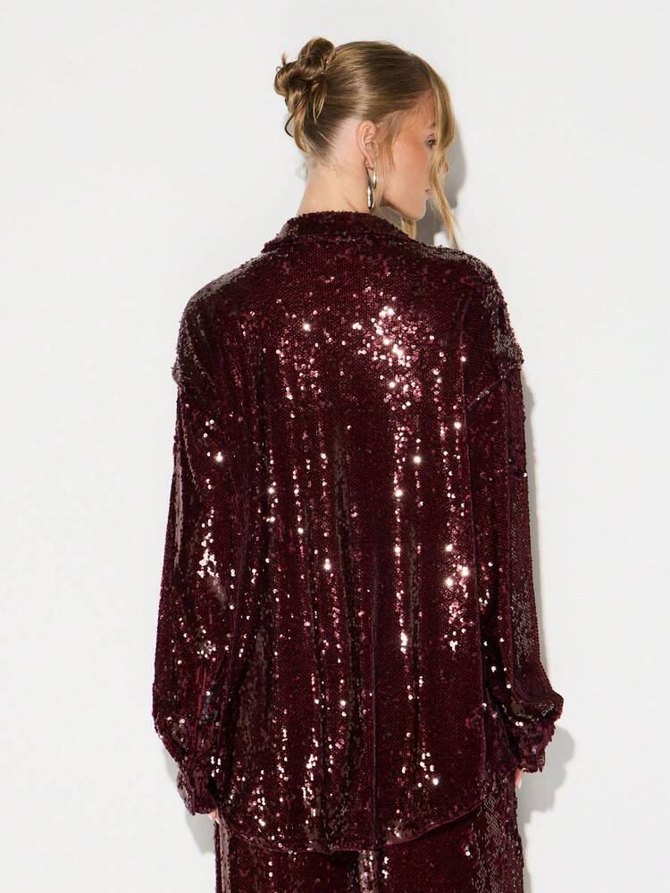 KIZN Sequin Oversized Button Down Blouse With Long Sleeves