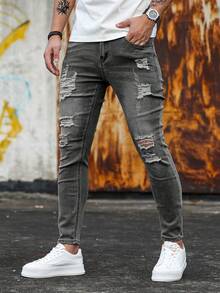 Manfinity LEGND Herren Lässig Mode Destroyed Skinny Jeans Slim Fit Lange Jeans Graue Herren Jeans Herren Zerrissene Jeans