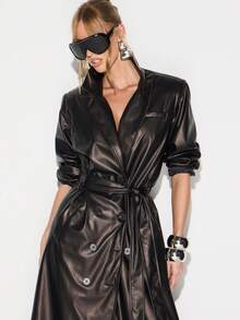 KIZN Abrigo largo de trinchera con doble botonadura, cinturón y solapas de piel sintética para mujer, para otoño e invierno