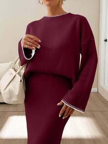 EURMUSE Women Stitch Detailed Round Neck Drop Shoulder Pullover & Sweater Skirt Set - Burgundy - View 4