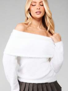 MISSGUIDED 露肩毛绒针织毛衣秋冬舒适套头衫长袖露肩领口 - 白色 - 查看 4