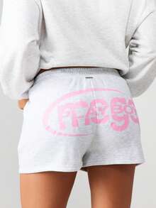 Missguided x Playboy 麻灰色抽绳慢跑短裤，兔子标志印花，适合夏季休闲家居服 - 淺灰色 - 查看 3