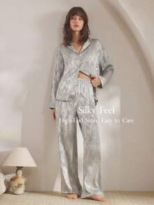 Ocili 缎面提花极简抽象舒适翻领长袖上衣和裤子女士睡衣套装，时尚秋季睡衣，秋冬服装 - 卡其色 - 查看 1