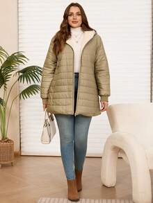 EMERY ROSE 冬季大码女式纯色连帽棉服外套 - 卡其色 - 查看 5