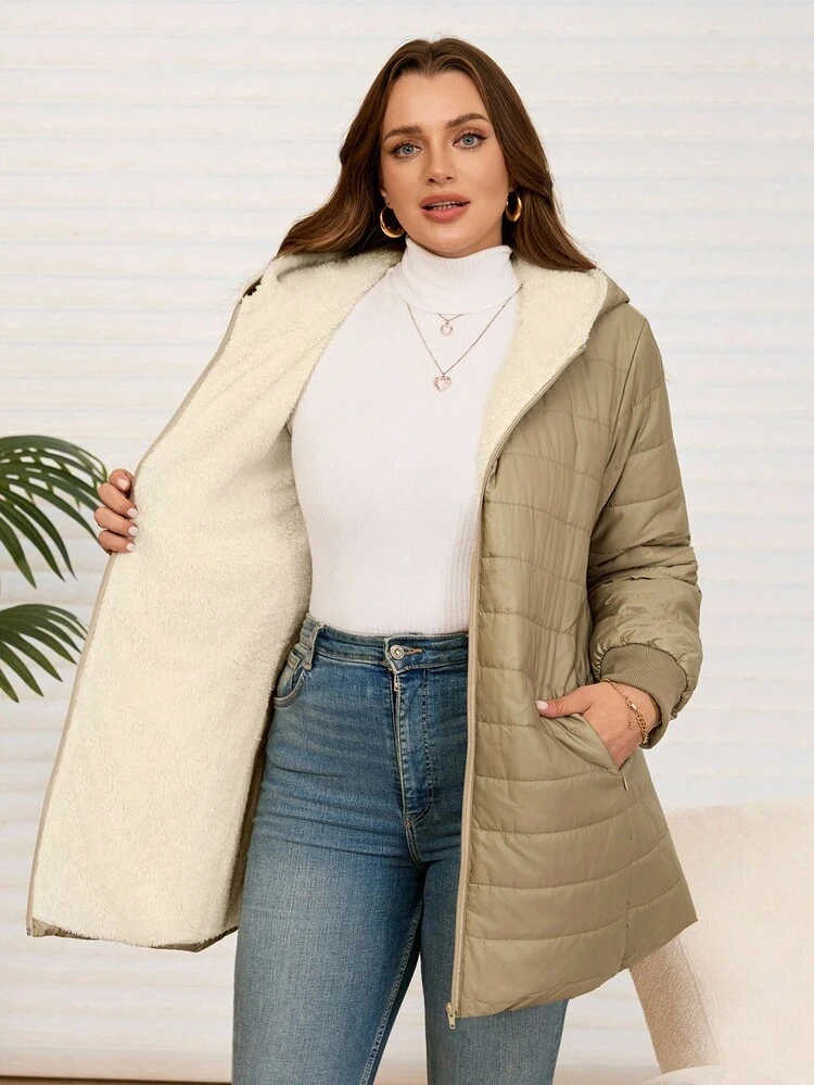 Plus Size Women's Winter Casual Solid Color Zip-Up Waterproof Fuzzy Inside Warm  Solid Color Hooded  Padded Coat, Winter,Going Out Outfits, New Clothes,Simple And Fashionable For Everyday Wear, Outerwear Women, Women Coats, Quilted Jacket,