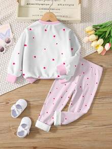 SHEIN Leap Crew 2 件套青少年女孩休闲蝴蝶结装饰圆领长袖运动衫和紧身裤套装，适合秋冬季 - 彩色 - 查看 4