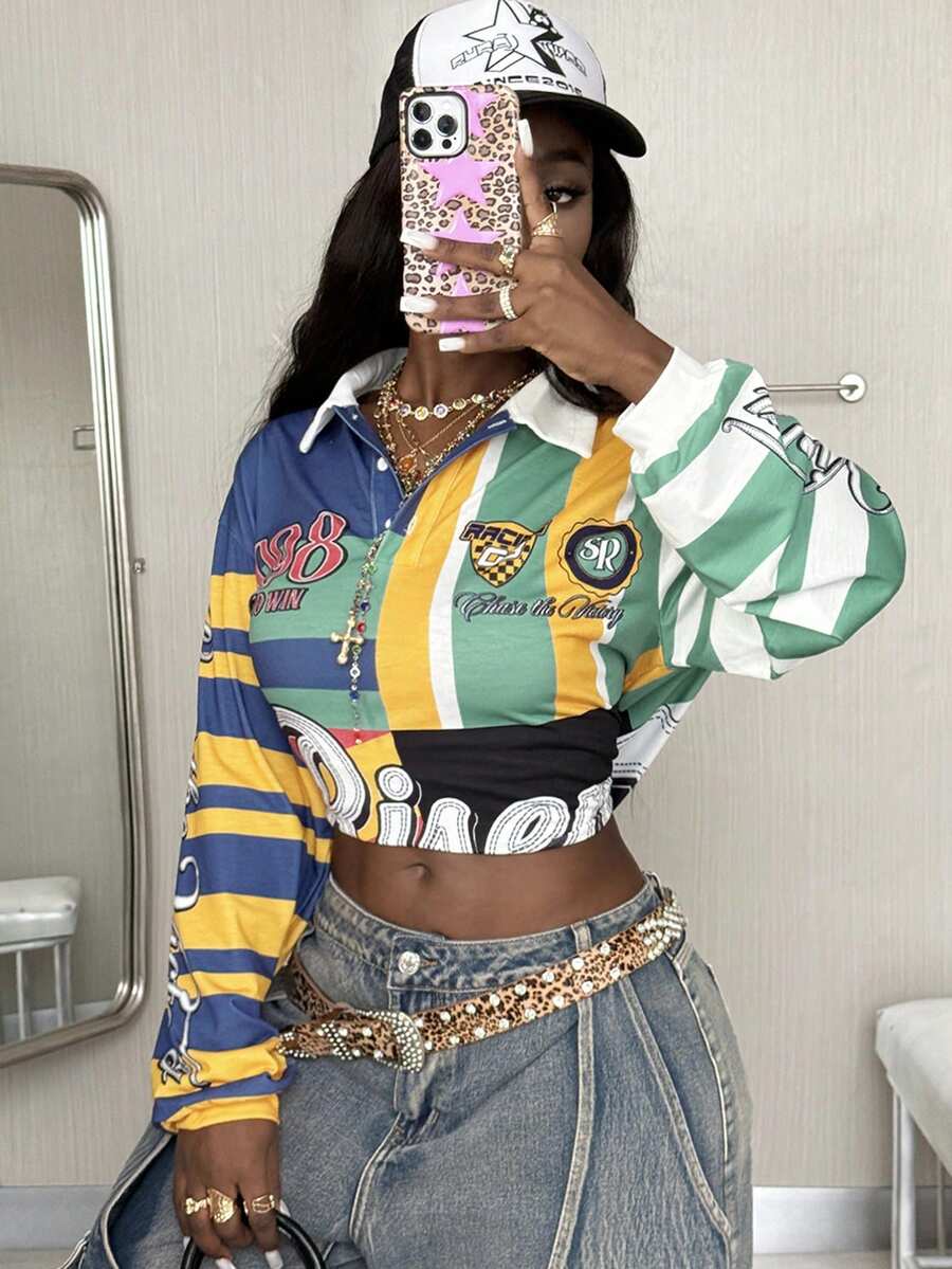 Coolane 女式秋冬街头风 Y2K 条纹图案运动宽松长袖 Polo 衫 - 彩色 - 查看 1