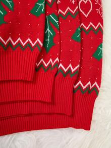 SHEIN Tween Girl Christmas Tree Pattern Crew Neck Sweater Dress, Autumn/Winter - Red - View 6