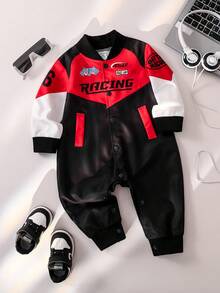 SHEIN Toddler Boys' Patchwork Collar Chest Print Jumpsuit, Casual Fashionable Cool Style, Suitable For Outdoor And Indoor Wear, Spring/Autumn - Multicolor - View 9