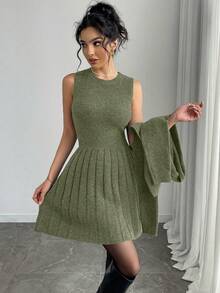 Elenzga Conjunto de 2 piezas de mujer con cárdigan de botones de unicolor elegante y vestido de suéter para otoño/invierno - Verde - Ver 6