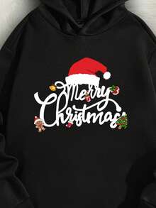 Manfinity Homme Herren Große Größen Lässig Weihnachts-Element Grafik Muster Schwarz Kapuzen-Sweatshirt für Paar, Herbst/Winter, Langarm-Oberteil - Schwarz - Übersicht 2