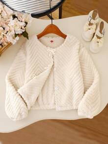 Jaqueta de damasco quente e grossa minimalista, casual e fofa para meninas pré-adolescentes, com decoração de laço fofo, manga comprida, outono/inverno - Damasco - Ver 3