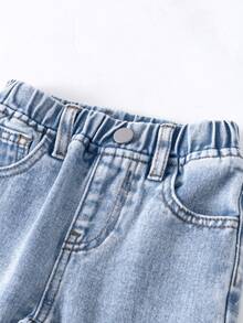 SHEIN Quần jeans denim đơn giản cho bé gái, túi thêu hình bướm, cạp chun, màu xanh đa năng + đen đã giặt, chất liệu denim mềm mại, thoải mái, thời trang không thể thiếu - Nhiều màu - Xem 7