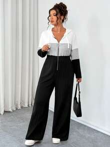EMERY ROSE Plus Size V-Neck Ring Zipper Decor Long Sleeve Soft Knitted Ribbed Fuzzy Tricolor Contrast Splice Casual Jumpsuit, Home Jumpsuit Fall - Multicolor - View 5