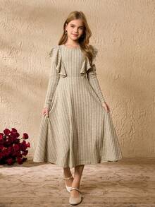 Tween Girl' Round Neck Long Sleeve Ruffle Waist Elegant Halloween Christmas Dress - Grey - View 5