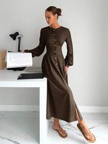 Siren Gaze Women's Solid Color Round Neck Lantern Sleeve Single-Breasted Elegant Long Dress Winter Party Brown Evening Dress Spring - Brown - View 4