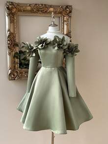 Lovelzi Elegant Stereo Floral Off-Shoulder A-Line Long Sleeve Dress, Wedding Guest Dress, Suitable For Evening Party, Gala, Ball, Prom Dress - Green - View 5