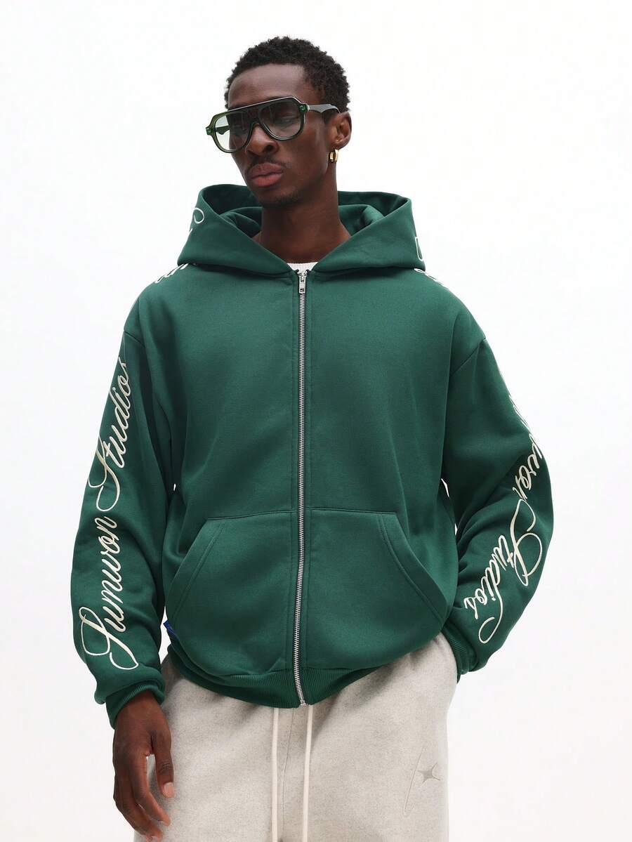 SUMWON 常规款全拉链连帽衫，配有抽绳兜帽和中央口袋，休闲街头风格运动衫，适合日常舒适冬季分层穿着 - 綠色 - 查看 1