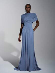 Elitara Elegant, Romantic, Sexy, Fashionable, Grayish Blue, Elastic Mesh Fabric, Ruffle Decor, Fishtail Hem, Trailing, Influencer, Festival, Vacation, Birthday Party, Wedding Event, Bridesmaid Dress