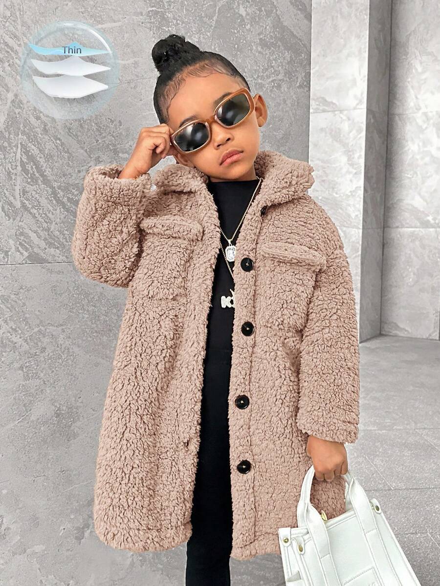 SHEIN 女童休闲珊瑚绒中长款翻领长袖夹克，适合冬季 - 卡其色 - 查看 1