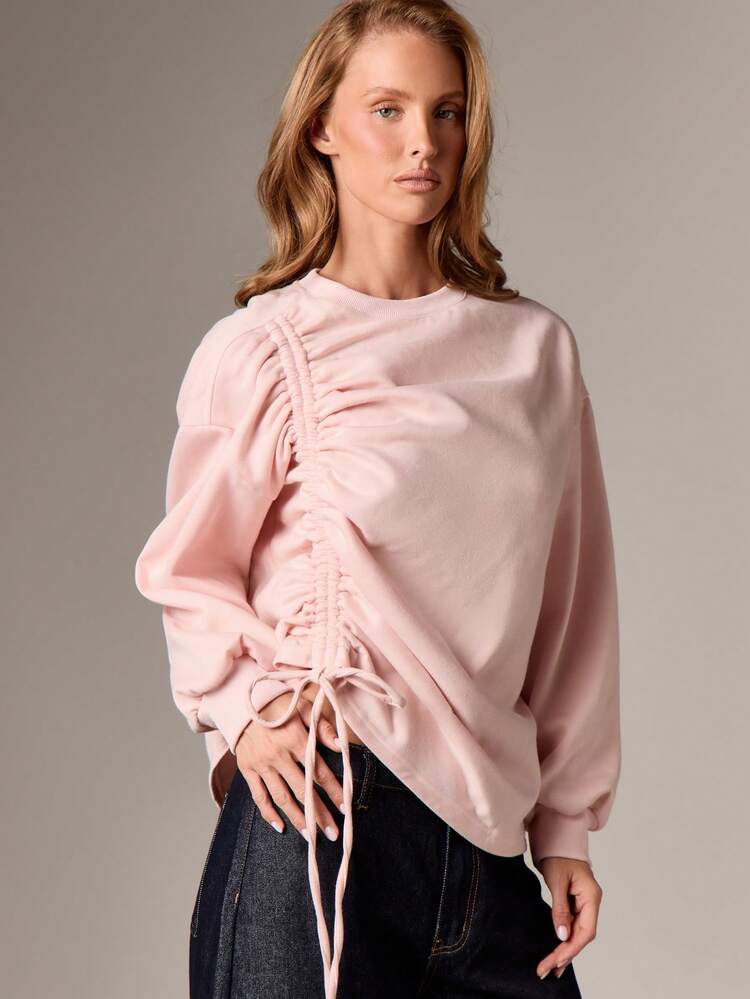AiiRZ Oversized Pullover Sweatshirt With Ruched Drawstring Front Detail Relaxed Long Sleeve Top