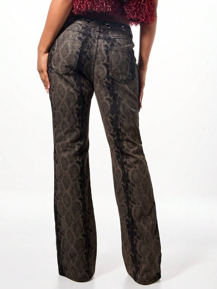 SUMWON WOMEN Snake Print Denim Flare Jeans With Eyelet Details