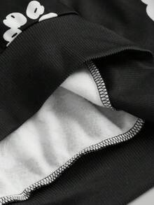 SHEIN 少女宽松黑白印花连帽衫，带口袋和运动裤套装，秋冬连帽衫套装 - 黑與白 - 查看 8