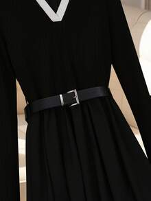 SHEIN Franclia Elegant Black And White Patchwork Women's Dress,Autumn Office Long-Sleeved V-Neck A-Line Belted Fitted Waist Outfit For Thanksgiving & New Year's Eve - Black and White - View 7