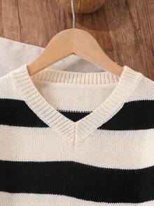 SHEIN 1pc Girls' Oversized Sweater Dress,Black And White Striped,Autumn Casual Back-To-School V-Neck Loose Long Sleeve Knit School Dress For Teen Girls - Multicolor - View 3
