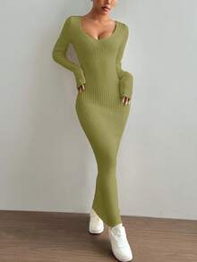 Flirla 女式纯色长袖 V 领修身长款毛衣裙，秋冬 - 綠色 - 查看 4