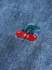 Young Girls T-Shirt Set, Knit Jacquard Top Paired With Straight Leg Jeans, Cherry Embroidery, Casual, Minimalist, Fashion Style, Suitable For Outings, Autumn/Winter Season - Red - View 5