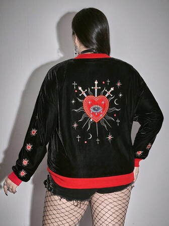 Gothic Palace Style Women's Black Velvet Jacket With Heart, Rhinestone, Crystal Teardrop, Star Embroidery Decor