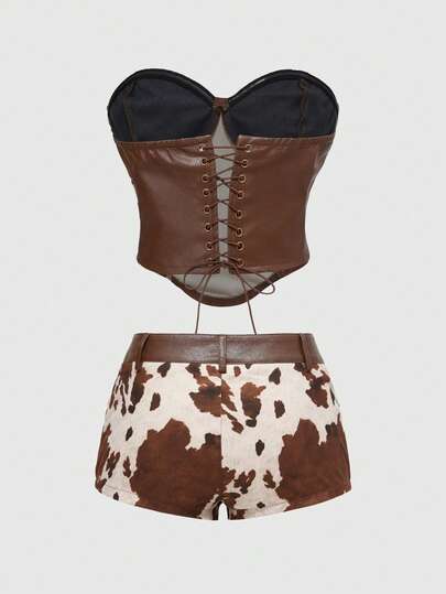 Grunge Punk Ensemble 2 pièces top court et mini-short en patchwork imprimé animal style western vintage pour femmes