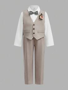 Young Boy 3-Piece Suit: Khaki Vest, Elastic Waist Pants, Bow Tie & Long Sleeve Shirt, Gentleman Style, Spring/Summer,In Fall/Winter