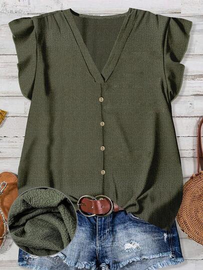 EMERY ROSE Plus Size Green Textured Fabric Casual Minimalist Shirt, Suitable For TeachersIn ,Spring/Summer/Vacation