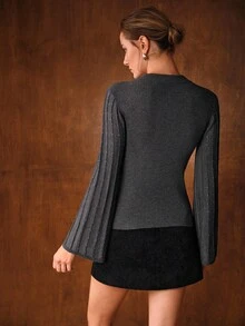 MOTF PREMIUM Áo len cổ loe tay loe đính đá lấp lánh thanh lịch cho buổi hẹn hò, mùa thu/đông - màu đen - Xem 4