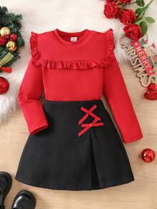 SHEIN Elladie kids Young Girls Cute Black Ribbed Long Sleeve Top Paired With Bow Decor Split Hem Skirt, Autumn/Winter T-Shirt Set